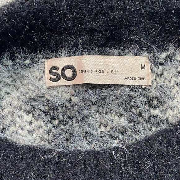 SO Fuzzy Floral Sweater Cropped Pullover Soft Thick Knit Womens M Black White - Picture 4 of 9